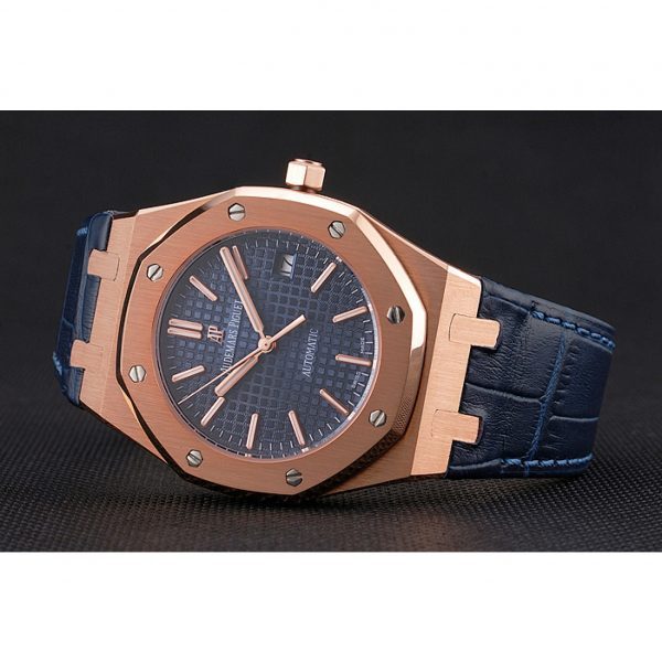 Swiss Audemars Piguet Royal Oak Blue Dial Gold Case Blue Leather Strap Piguet Replica